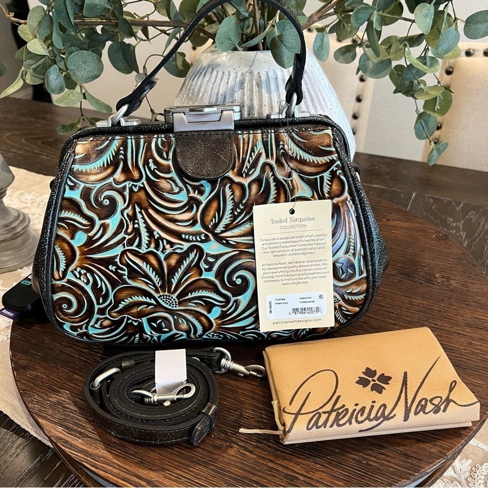 NWT Patricia Nash Gracie Brown and Turquoise Tooled Leather Bag